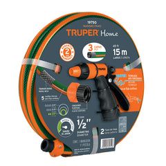 Set furtun de gradina, 3 straturi, 1/2”, 15 m, cu cupla plastic si pistol de stropire, Truper